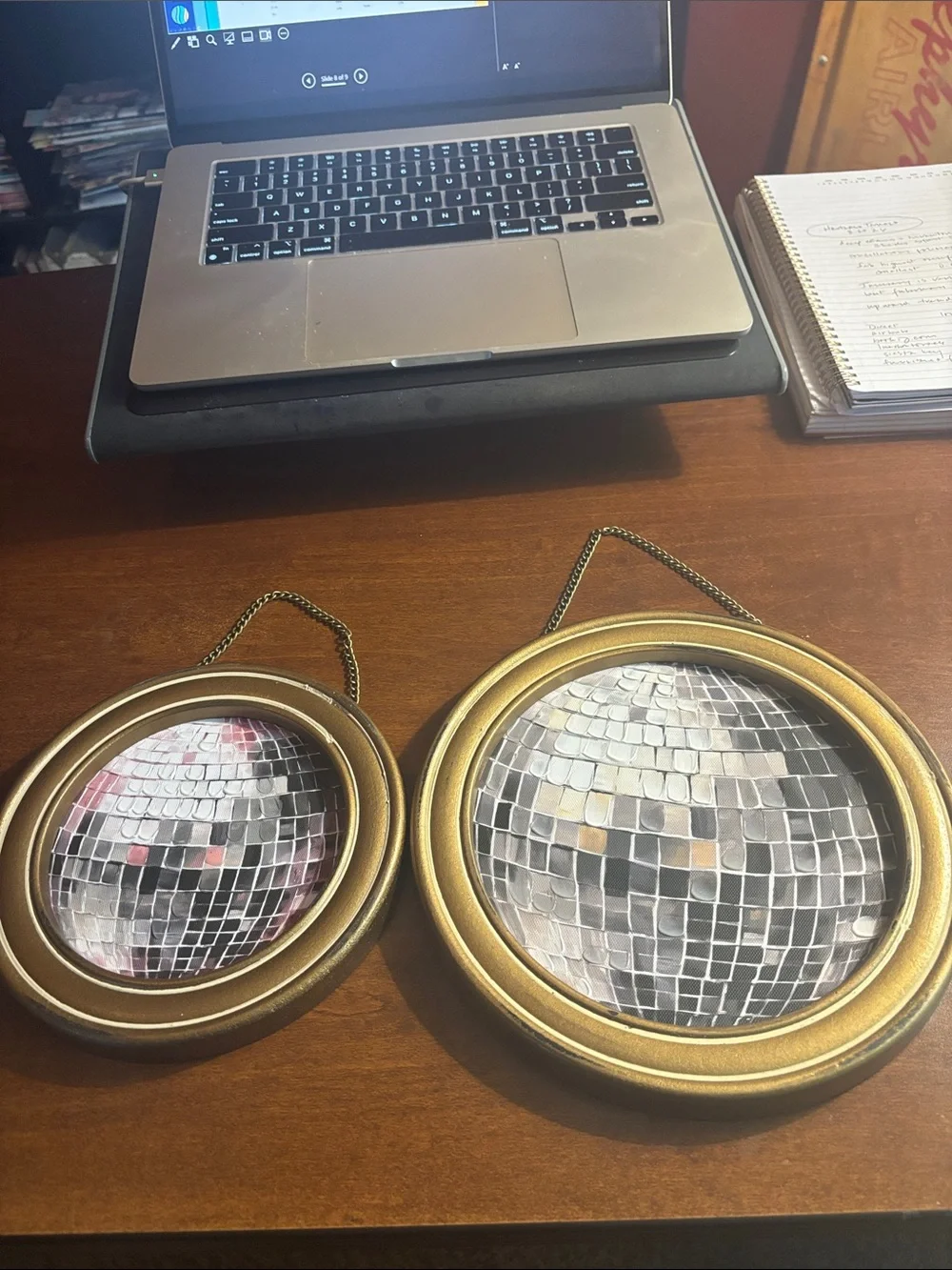 Gold Round Mosaic Wall Mirrors with Hanging Chains - Set of 2